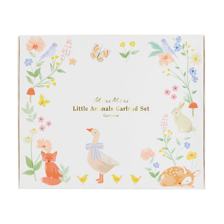 Meri Meri Little Animals Garland Set box with watercolor illustrations of woodland animals and flowers.