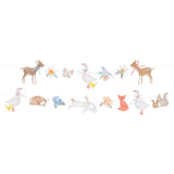 Watercolor woodland animal and flower garlands on a white background.
