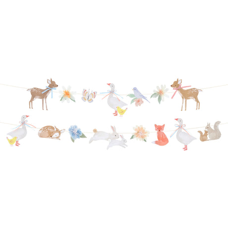 Watercolor woodland animal and flower garlands on a white background.