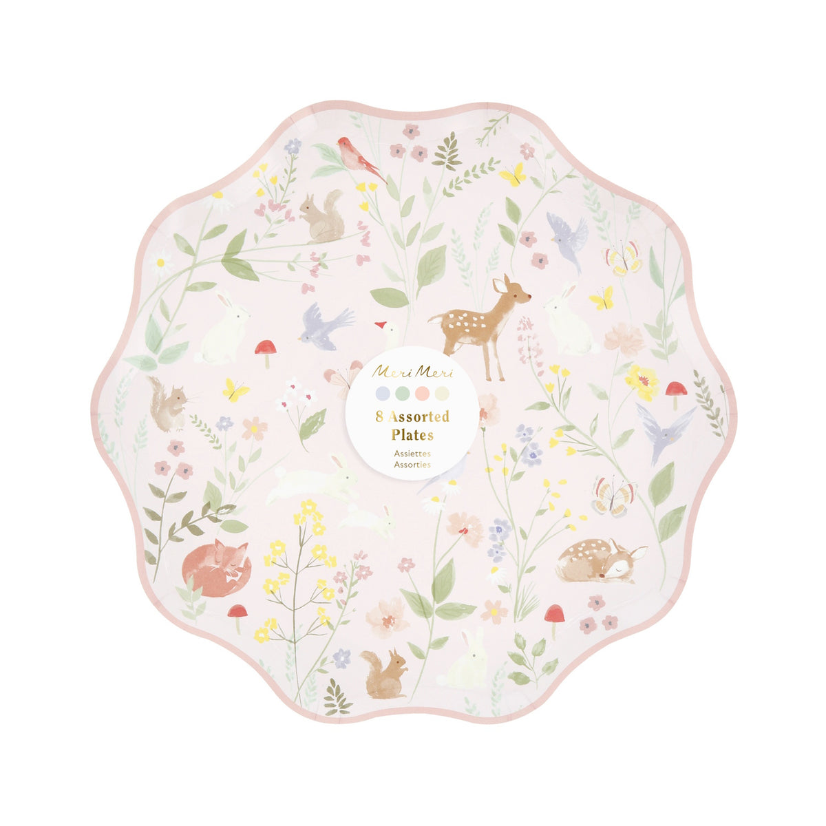 Scalloped paper plate with a pastel woodland animal and floral pattern.