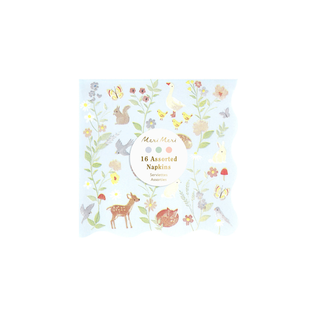 Meri Meri pack of 16 assorted light blue napkins with a pastel woodland animal and floral pattern.