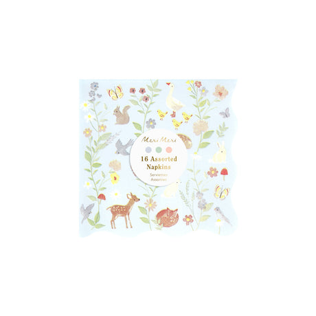 Meri Meri pack of 16 assorted light blue napkins with a pastel woodland animal and floral pattern.