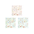 Three paper napkins in pink, mint, and blue with a matching pastel woodland animal and floral pattern.