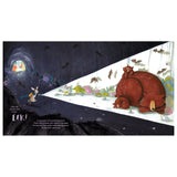 Rabbit in a dark cave using a flashlight to reveal sleeping bears, bats, and spiders. Children's book illustration.