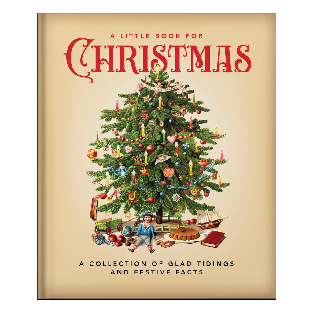 Cover of "A Little Book for Christmas" featuring a decorated Christmas tree with ornaments, candles, and gifts. Cheerful and festive tone.