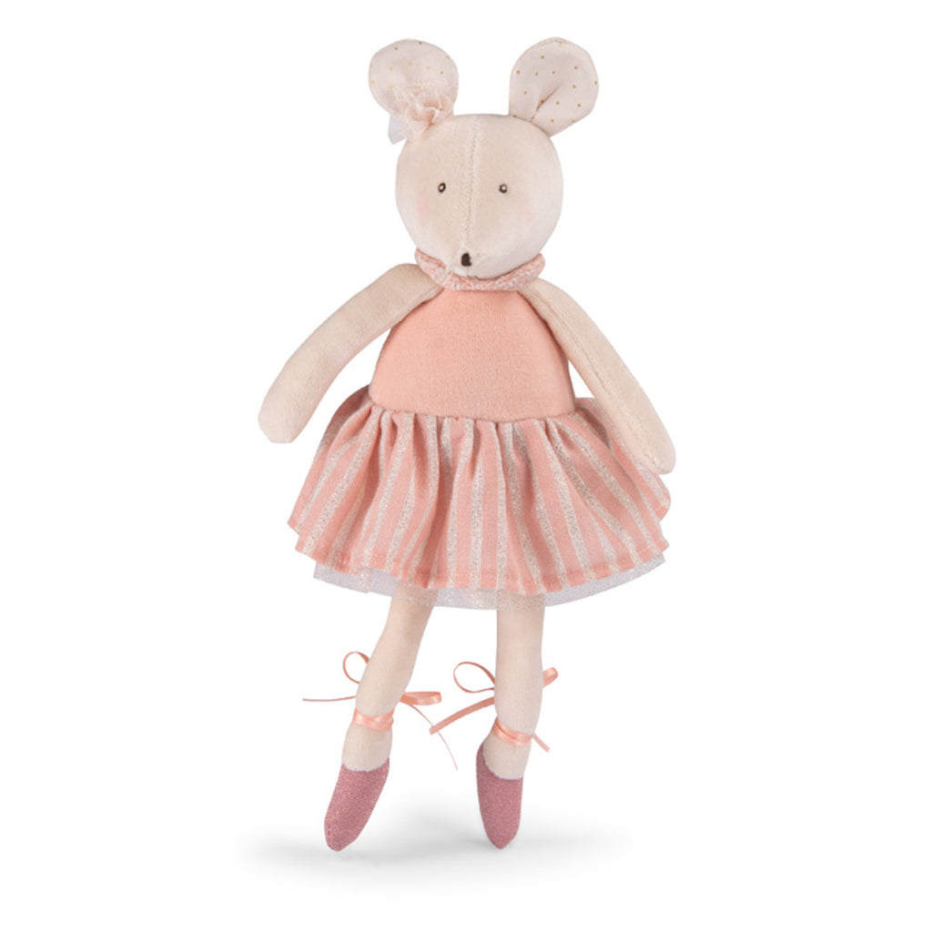 Plush mouse toy in a pink ballet dress and shoes, with polka dot ears and a serene expression, standing against a plain white background.