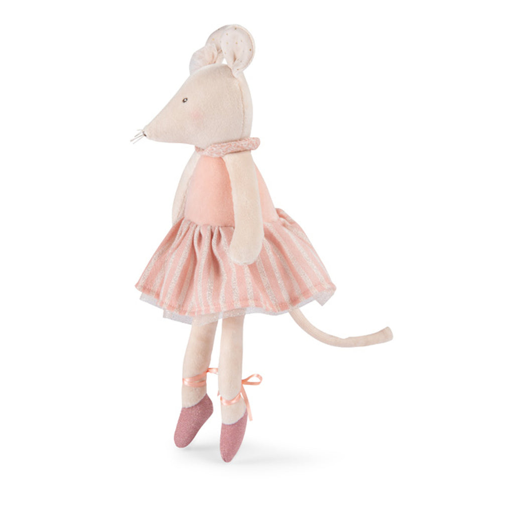 Plush mouse toy in a pink ballet dress and shoes, with polka dot ears and a serene expression, standing against a plain white background.