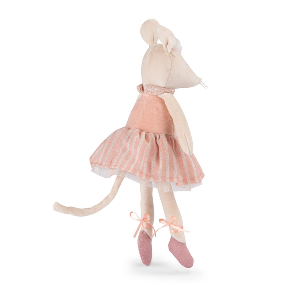 Plush mouse toy in a pink ballet dress and shoes, with polka dot ears and a serene expression, standing against a plain white background.