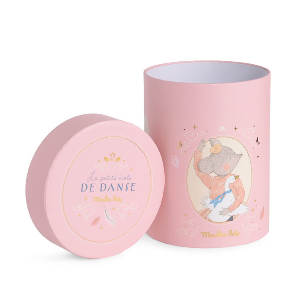 Pink cylindrical box with illustrated mouse and duck. The box says "Anna La Petite Souris" in blue and "Moulin Roty" in yellow. Whimsical and cute.