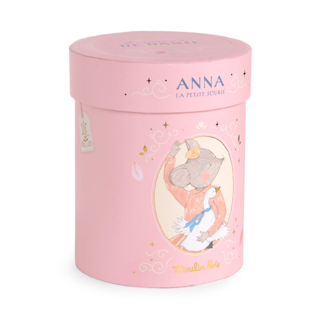 Pink cylindrical box with illustrated mouse and duck. The box says "Anna La Petite Souris" in blue and "Moulin Roty" in yellow. Whimsical and cute.