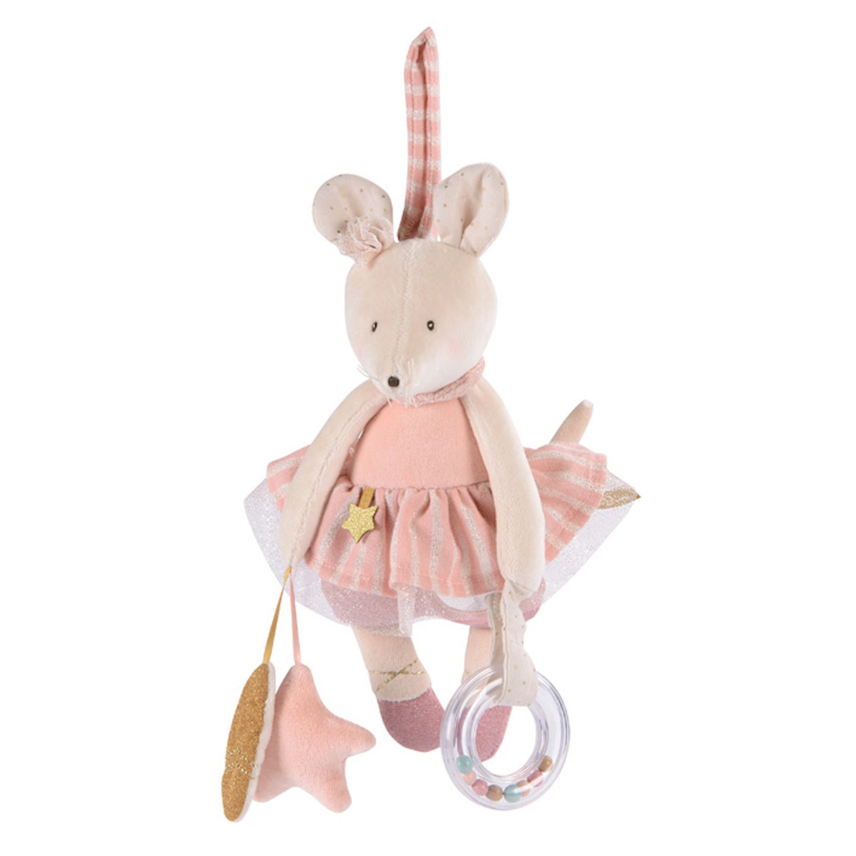 Plush ballerina mouse hanging toy with a pink tutu, holding a star and a clear rattle with colorful beads.
