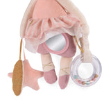 A plush ballerina toy with a mirror on its belly, featuring a hanging star and a clear rattle ring with colorful beads.