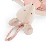 Close-up of a plush mouse toy's head with a pink striped hanging loop, gold-dotted ears, and a lace bow.