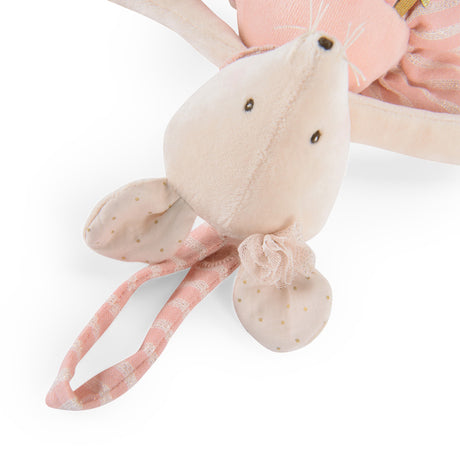 Close-up of a plush mouse toy's head with a pink striped hanging loop, gold-dotted ears, and a lace bow.