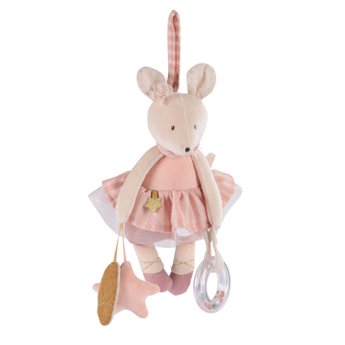 A plush ballerina mouse toy wearing a pink tutu, holding a star and a clear rattle ring.