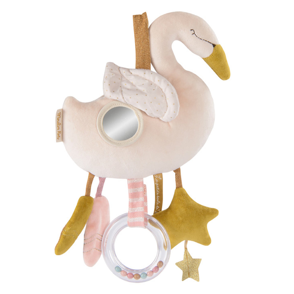 Plush swan baby toy with a mirror on its side and hanging attachments including a rattle ring and gold stars.