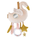 Plush swan baby toy with a mirror on its side and hanging attachments including a rattle ring and gold stars.
