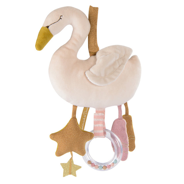 Plush swan hanging toy featuring a gold star, a pink ballet slipper, and a clear rattle ring with colorful beads.