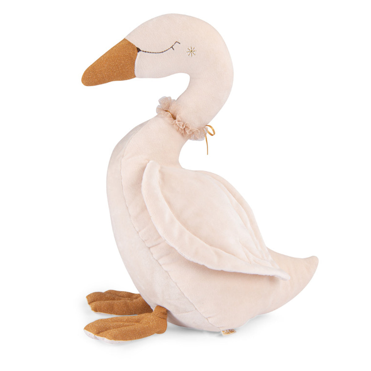 Plush cream swan toy with a gold beak and ruffled collar.