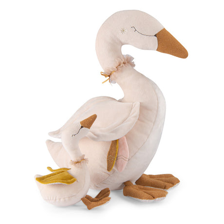 Plush mother swan and baby cygnus toy set for dance school activity.
