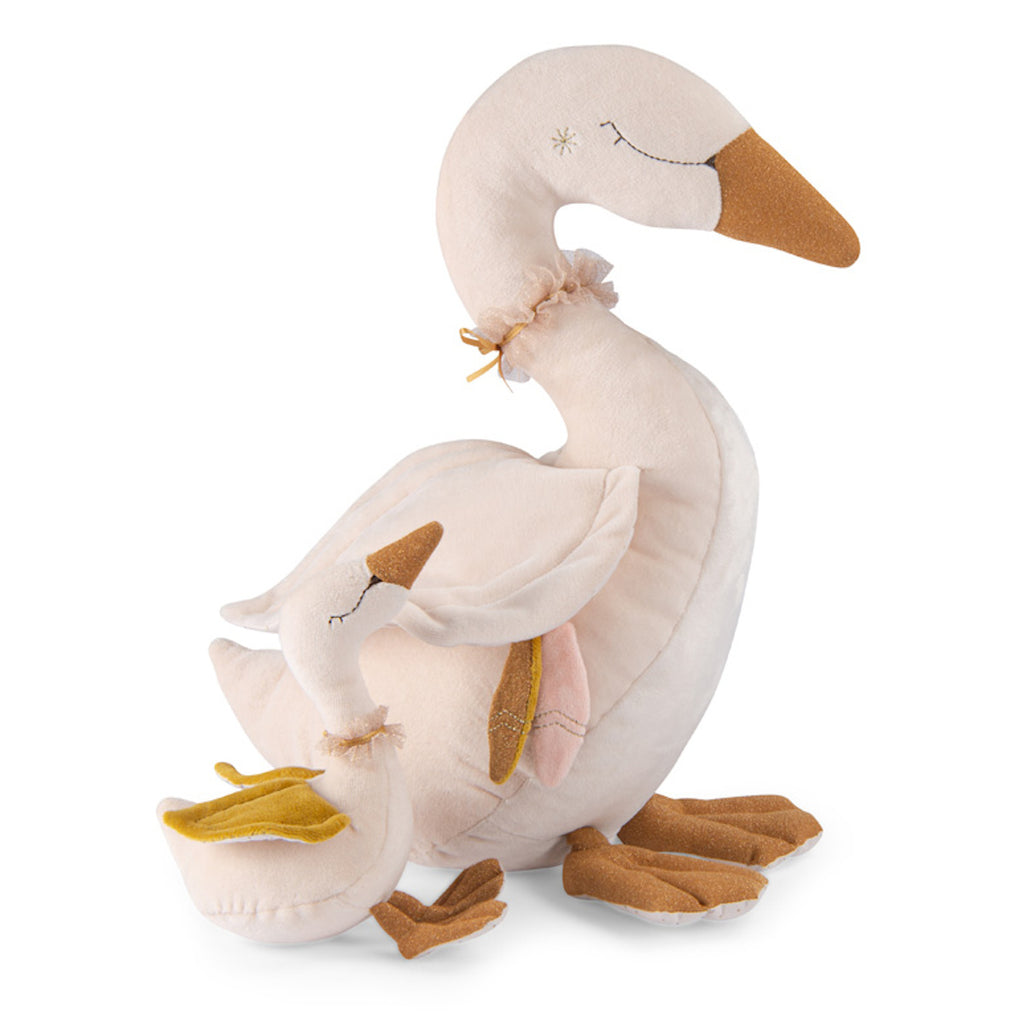 Soft plush toy set of two white swans with brown beaks and feet. The larger swan cuddles the smaller one, conveying warmth and affection.