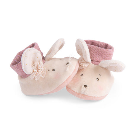 Plush pink mouse baby slippers with fabric ears and a tulle bow.