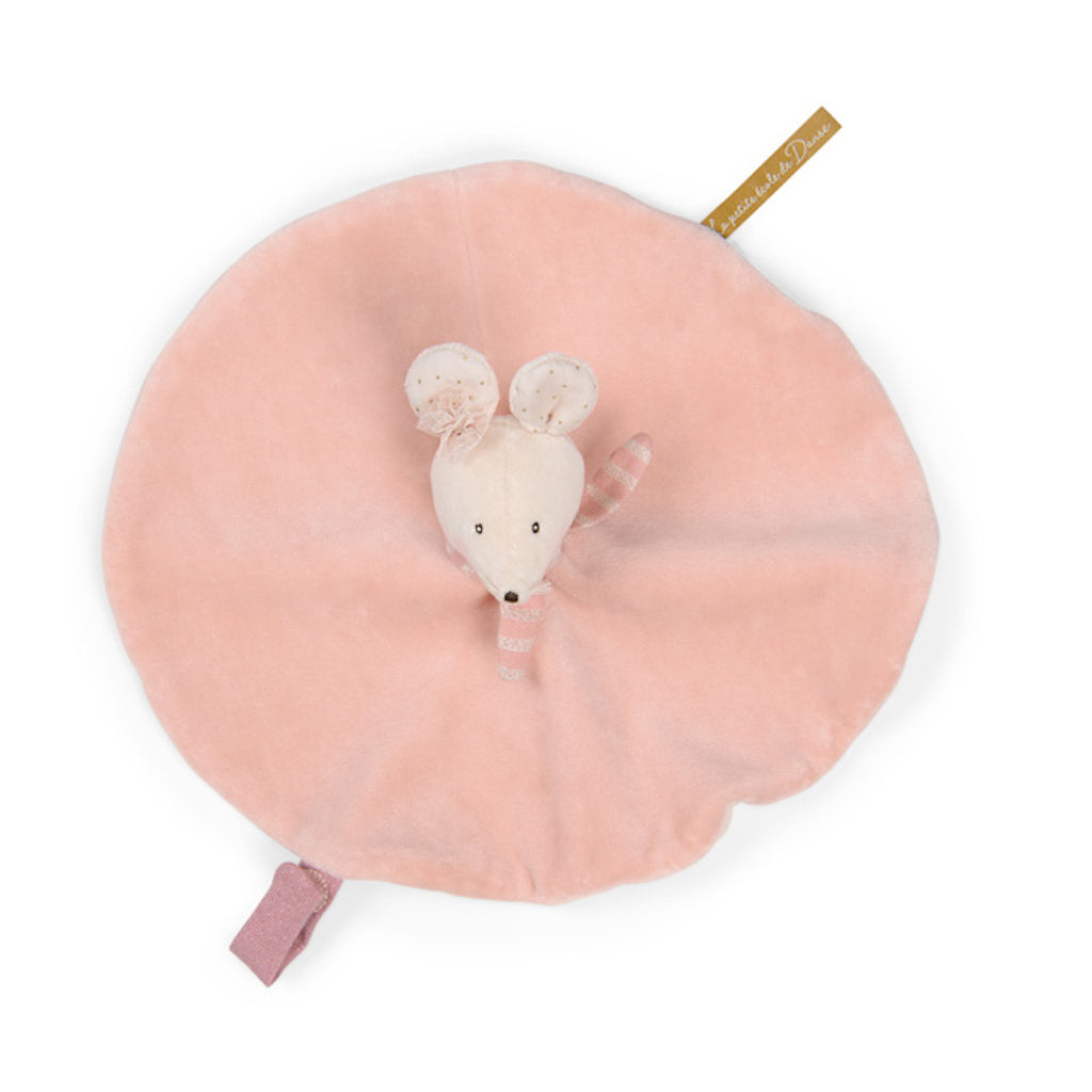 Soft pink plush toy in the shape of a mouse's head with ears and a striped tail on a round blanket, evoking a sense of warmth and comfort.