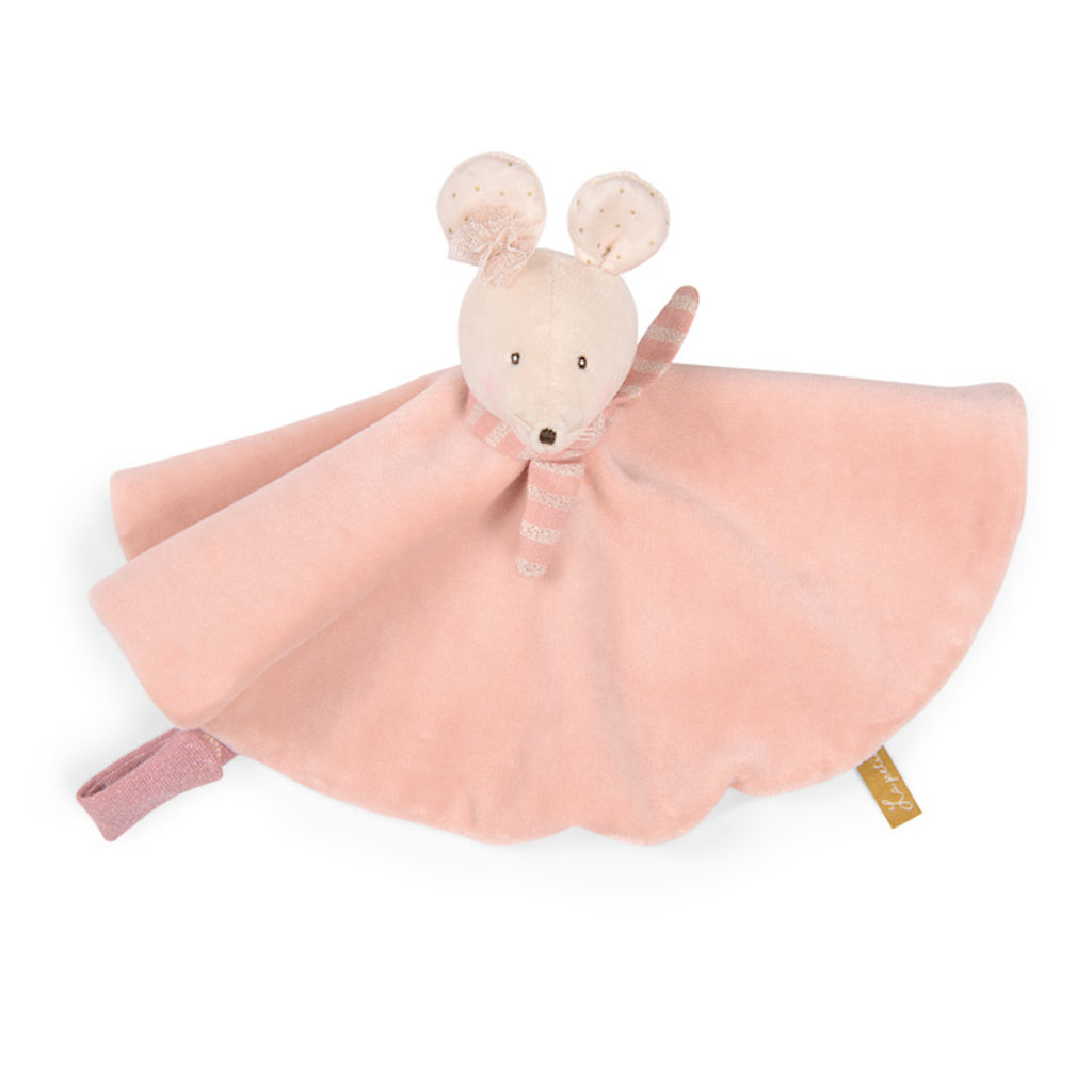 Plush pink mouse toy with a soft blanket body, featuring embroidered eyes and polka-dot ears, exuding a cute and comforting vibe.