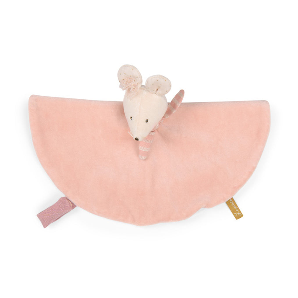 Plush pink mouse toy with a soft blanket body, featuring embroidered eyes and polka-dot ears, exuding a cute and comforting vibe.