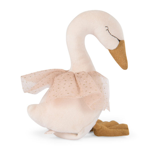 A plush swan toy with a long neck and a gentle expression, wearing a delicate, gold-dotted pink tutu. It exudes a soft and elegant charm.