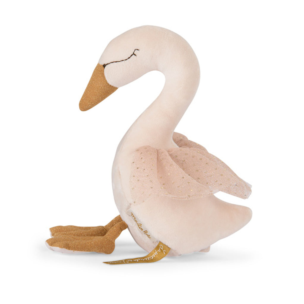 A plush swan toy with a long neck and a gentle expression, wearing a delicate, gold-dotted pink tutu. It exudes a soft and elegant charm.