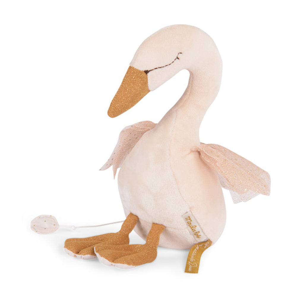 A plush swan toy with a long neck and a gentle expression, wearing a delicate, gold-dotted pink tutu. It exudes a soft and elegant charm.