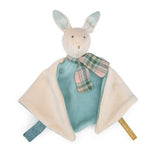Soft plush security blanket in bunny shape, featuring pastel blue and cream colors. Bunny has floppy ears, a plaid scarf, and a gentle, soothing appearance.
