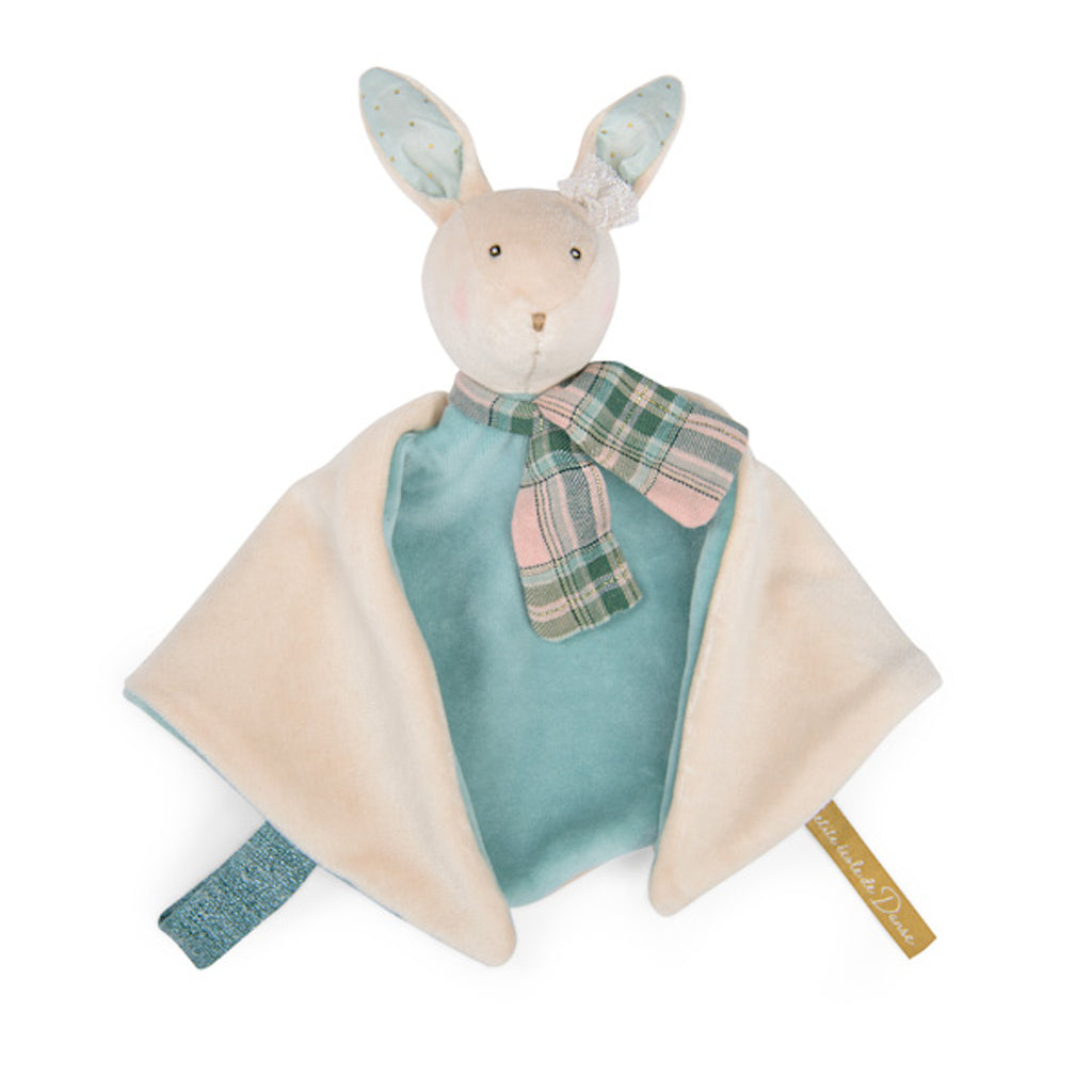 Soft plush security blanket in bunny shape, featuring pastel blue and cream colors. Bunny has floppy ears, a plaid scarf, and a gentle, soothing appearance.