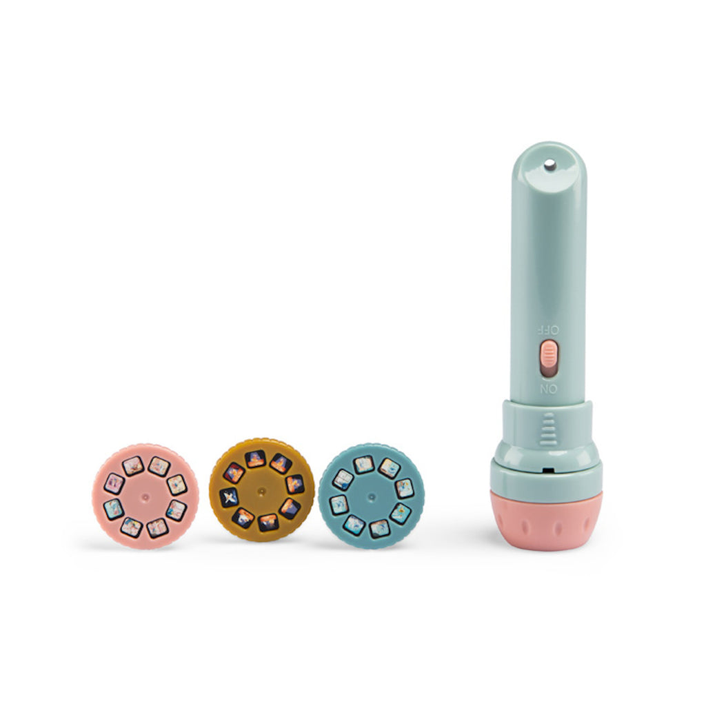 A pastel-colored toy projector with a pink switch is shown with three discs, each featuring small images, lined up in pink, yellow, and blue.