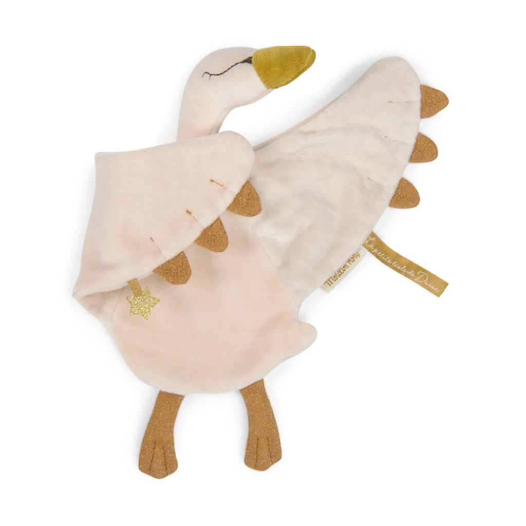 Soft, plush toy in the shape of a light pink and brown swan with wide wings. It features stitched eyes, a golden beak, and a tiny star accent.