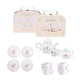 Moulin Roty La Petite Ecole De Danse ceramic toy tea set with suitcases, cups, and plates.