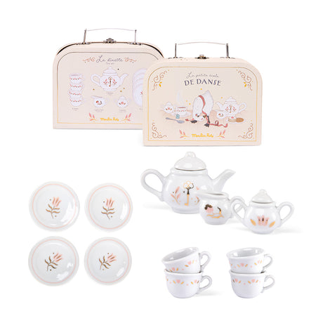 Moulin Roty La Petite Ecole De Danse ceramic toy tea set with suitcases, cups, and plates.