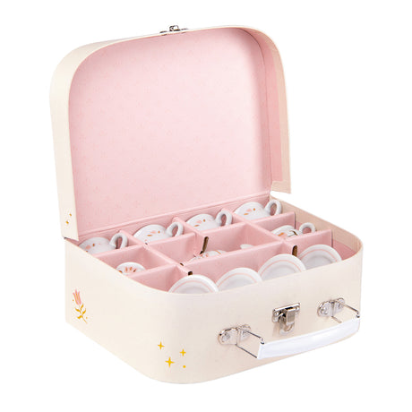 Moulin Roty La Petite Ecole De Danse ceramic tea set neatly packed inside its pink suitcase.