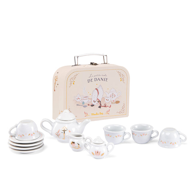 Moulin Roty La Petite Ecole De Danse ceramic tea set with carrying case for kids.