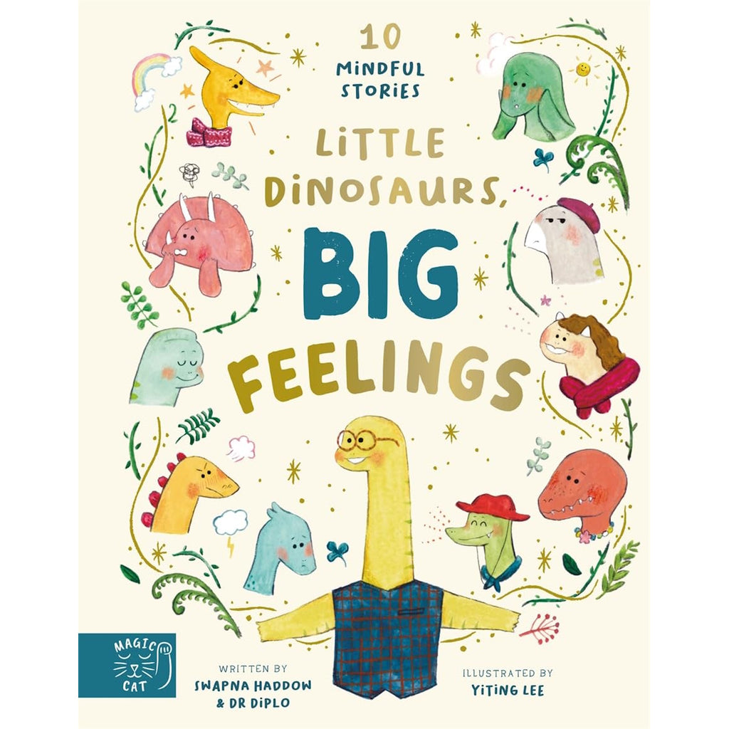 Cover of "Little Dinosaurs, Big Feelings" shows colorful dinosaurs with various expressions around the title. Whimsical and playful design.