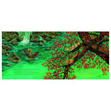Children's book illustration of a goose in a pond and squirrels in a tree with vibrant red and green autumn leaves.