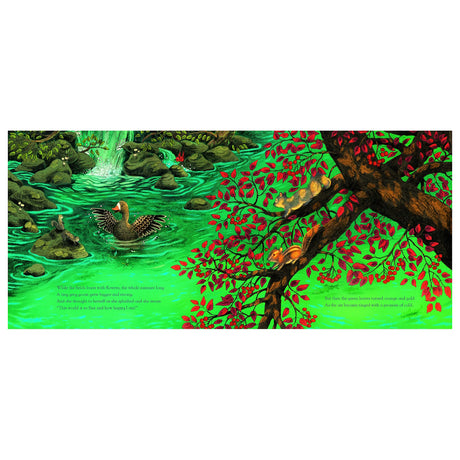 Children's book illustration of a goose in a pond and squirrels in a tree with vibrant red and green autumn leaves.