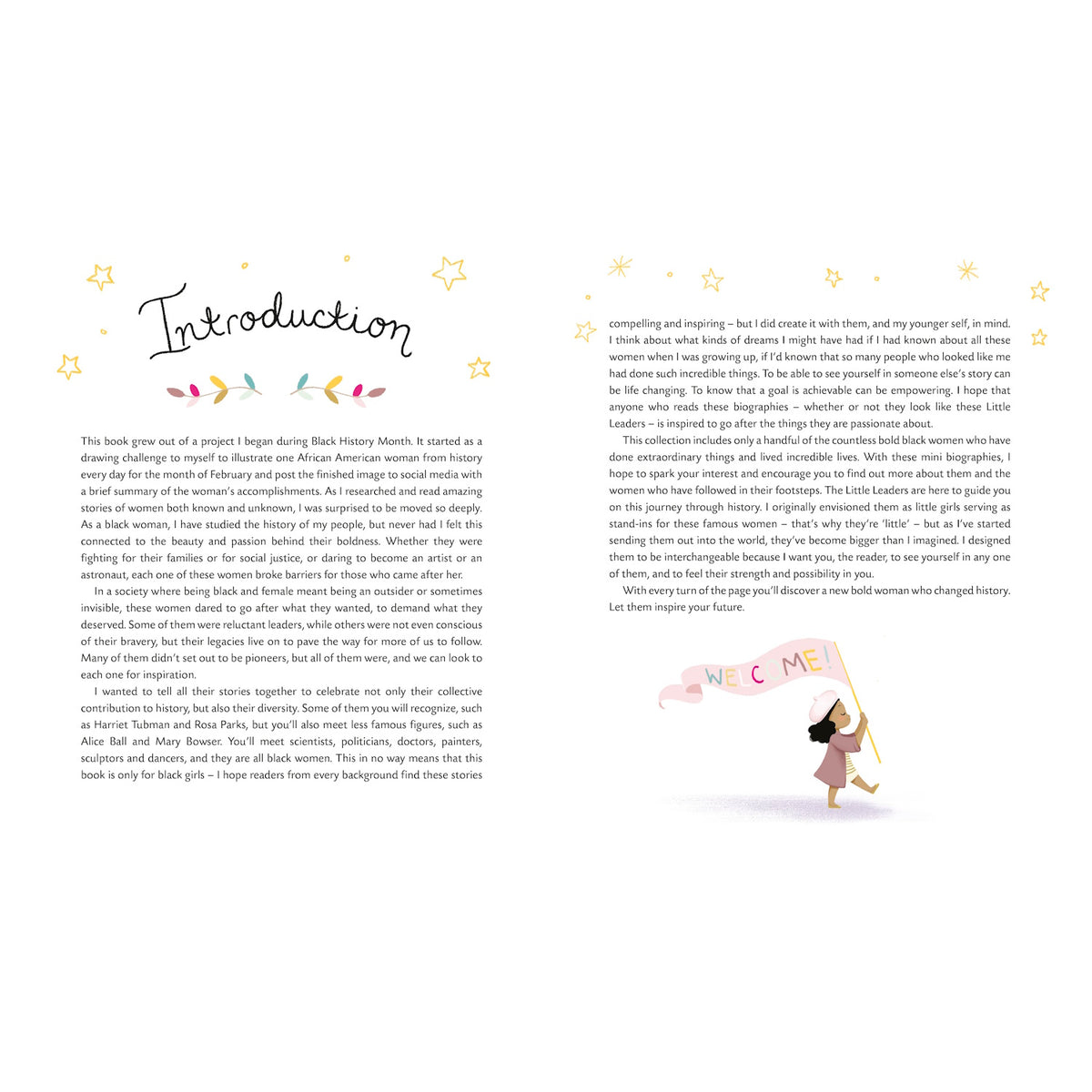 The image shows a two-page introduction from a book. The left page features text beneath the word "Introduction," decorated with hand-drawn stars and leaves. The right page continues the text and includes a small illustration at the bottom of a girl in a pink dress and brown hair, holding a banner with the word "WELCOME!" adorned with small stars around her. The tone is welcoming and empowering.