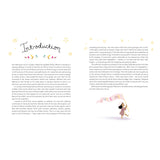 The image shows a two-page introduction from a book. The left page features text beneath the word "Introduction," decorated with hand-drawn stars and leaves. The right page continues the text and includes a small illustration at the bottom of a girl in a pink dress and brown hair, holding a banner with the word "WELCOME!" adorned with small stars around her. The tone is welcoming and empowering.