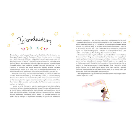 The image shows a two-page introduction from a book. The left page features text beneath the word "Introduction," decorated with hand-drawn stars and leaves. The right page continues the text and includes a small illustration at the bottom of a girl in a pink dress and brown hair, holding a banner with the word "WELCOME!" adorned with small stars around her. The tone is welcoming and empowering.
