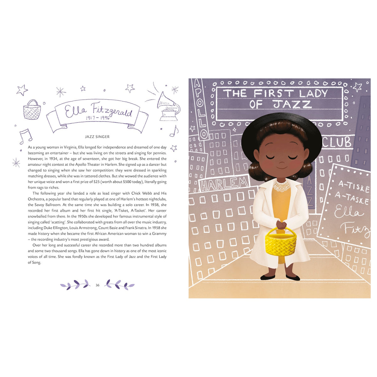 Illustration of a young girl in a white coat and black hat, holding a yellow basket, stands in front of a jazz club in the city skyline. Text to the left describes Ella Fitzgerald's life and career, highlighting her as "The First Lady of Jazz." The tone is inspiring and celebratory.