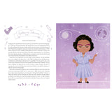 Illustrated page featuring Katherine Johnson. Left side has a biography with doodles of stars, planets, and a calculator. Right side shows Katherine in a purple dress, smiling confidently against a backdrop of mathematical equations and celestial drawings. Tone is inspiring and educational.