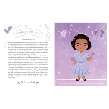 Illustrated page featuring Katherine Johnson. Left side has a biography with doodles of stars, planets, and a calculator. Right side shows Katherine in a purple dress, smiling confidently against a backdrop of mathematical equations and celestial drawings. Tone is inspiring and educational.