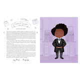 Illustrated page featuring a biography of Frederick Douglass with a cartoon of him in a suit, holding a book against a purple backdrop with bookshelves.